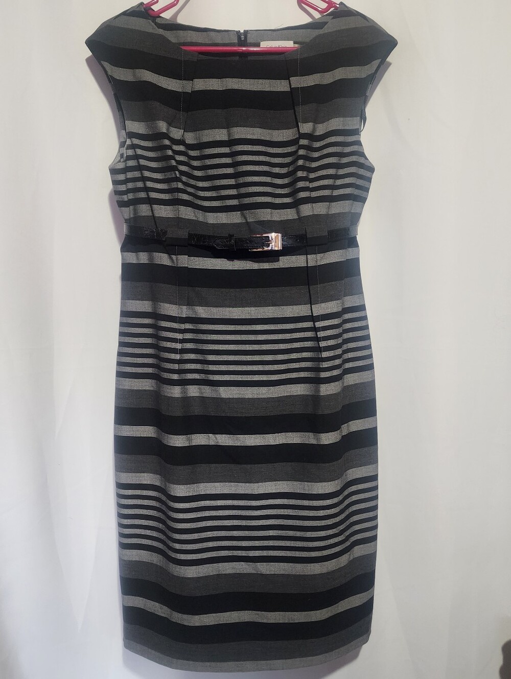 Calvin Klein Womens Black Gray Stripe Midi Sheath Dress Sz 12 Casual (G)